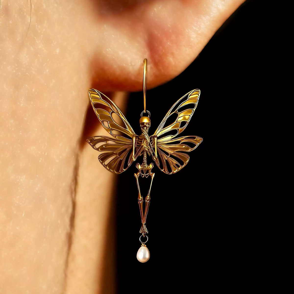 Kobine Women's Gothic Cutout Butterfly Wing Skeleton Pearl Drop Hook Earrings