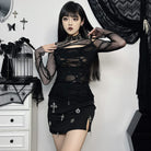 Kobine Women's Gothic Cutout Mesh Splice Ripped Shirt