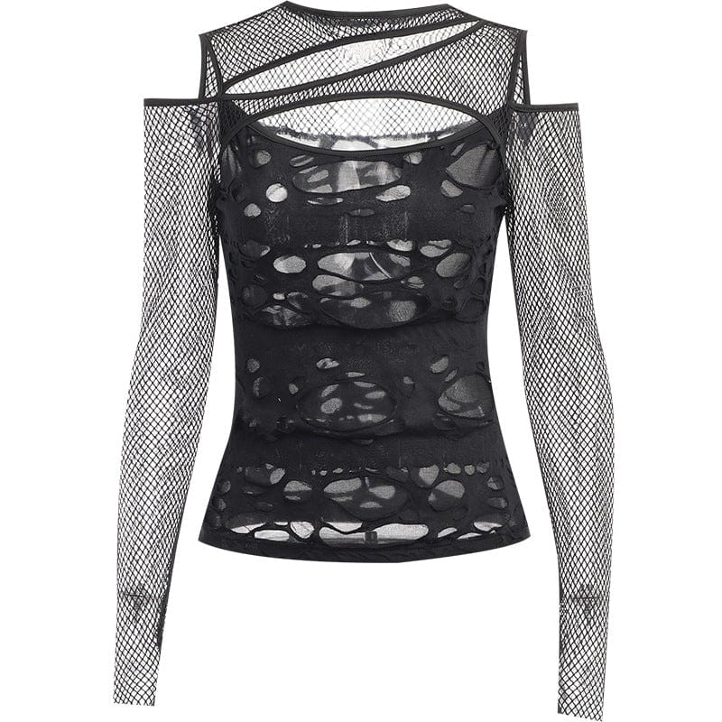 Kobine Women's Gothic Cutout Mesh Splice Ripped Shirt