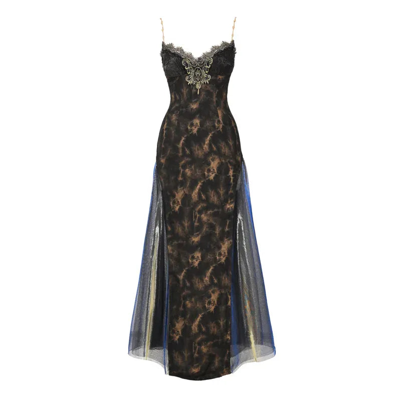 Kobine Women's Gothic Embroidered Mesh Panel Slip Maxi Dress