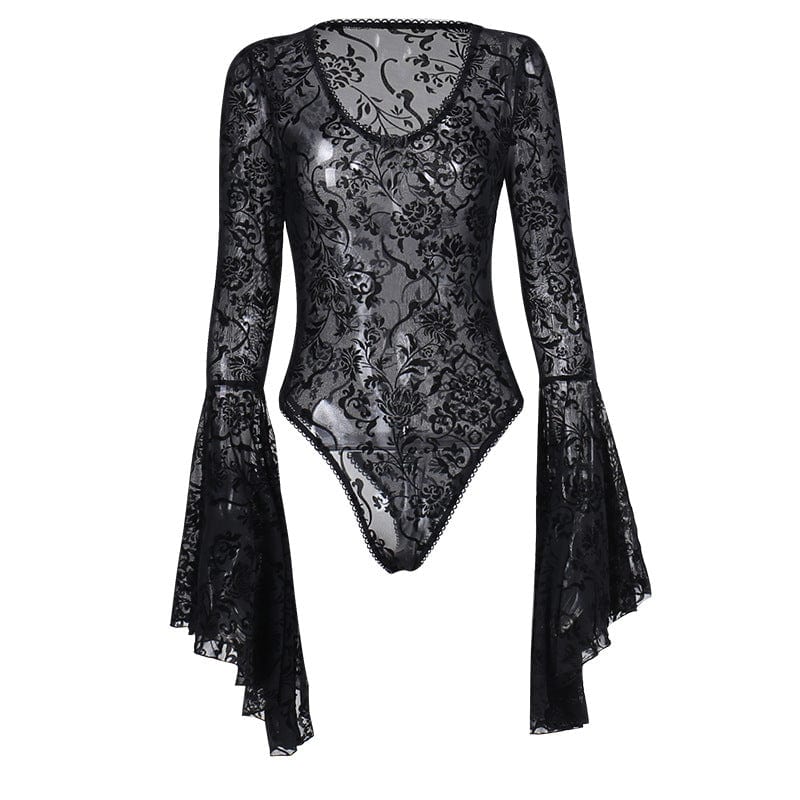 Kobine Women's Gothic Flare Sleeved Flocking Bodysuit