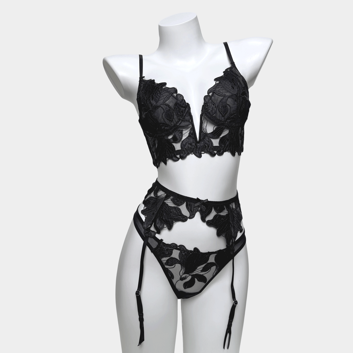 Kobine Women's Gothic Floral Mesh Embroidered Lace Lingerie Set