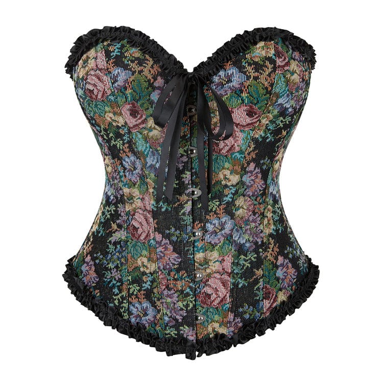 Kobine Women's Gothic Floral Printed Ruffled Overbust Corset