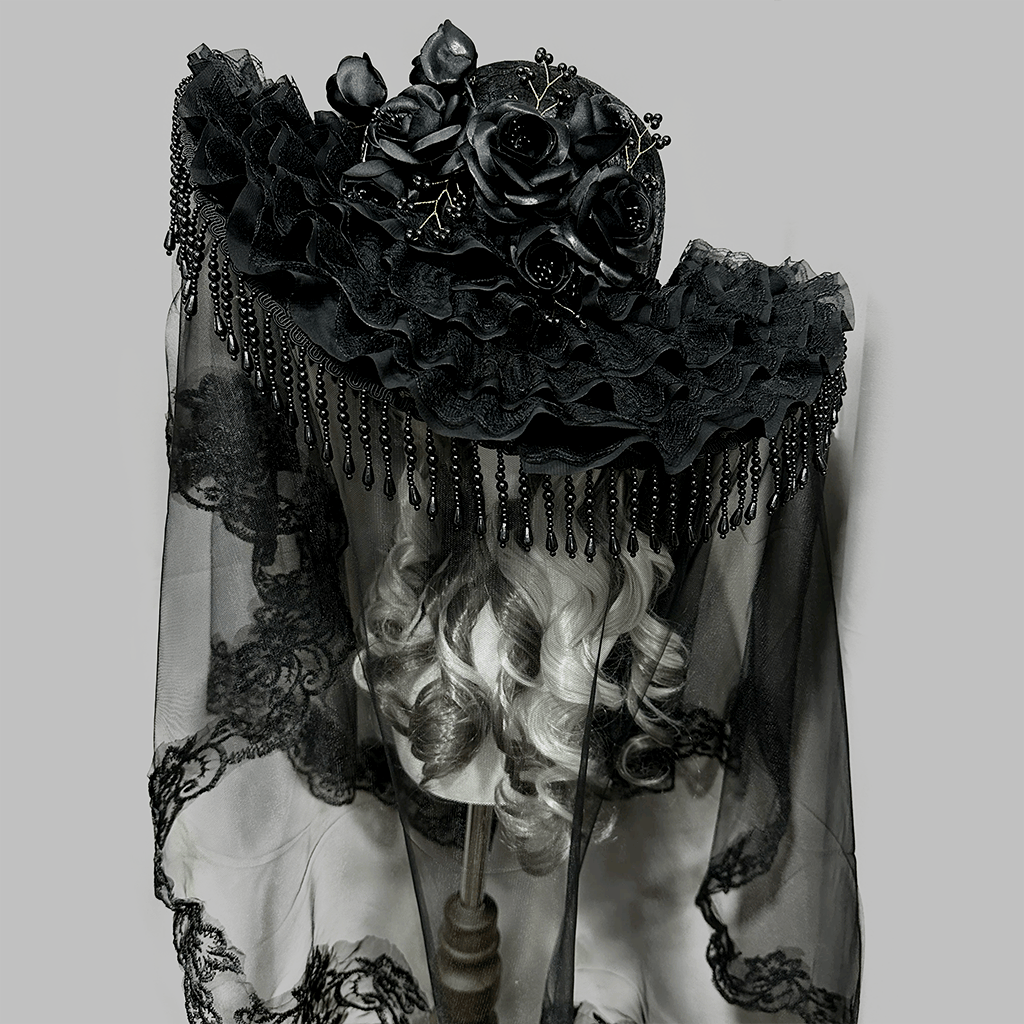 Kobine Women's Gothic Floral Wide Brim Veiled Hat