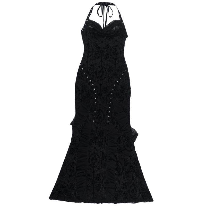 Kobine Women's Gothic Halterneck Flocking Mesh Fishtail Dress