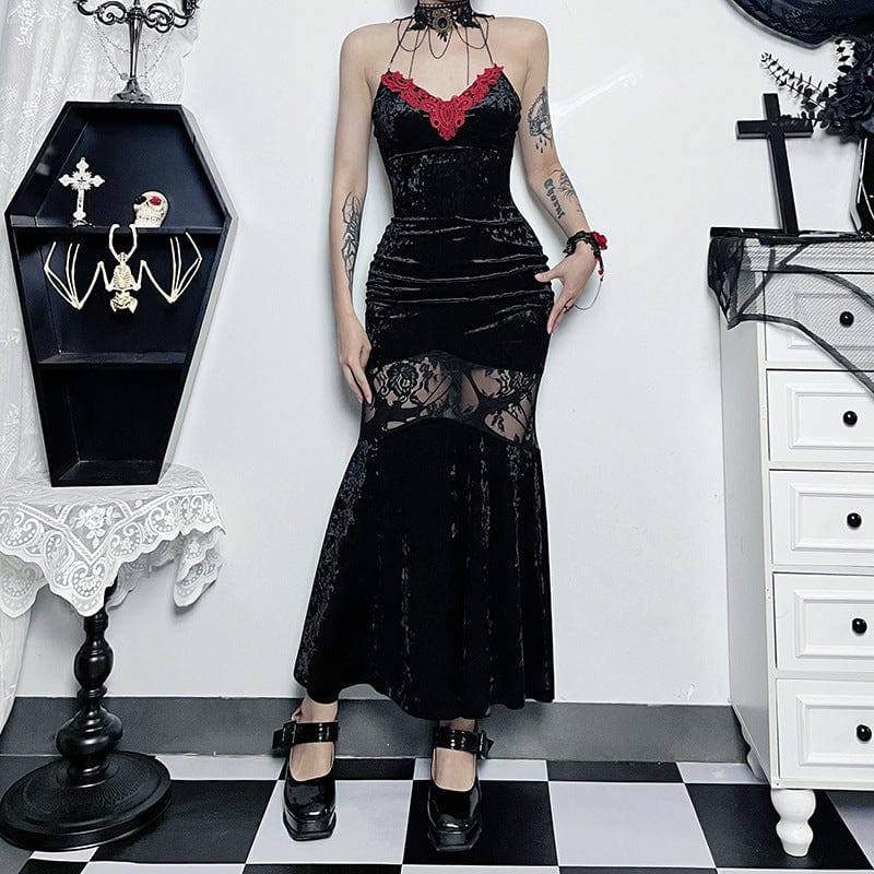 Kobine Women's Gothic Halterneck Splice Wrapped Long Dress