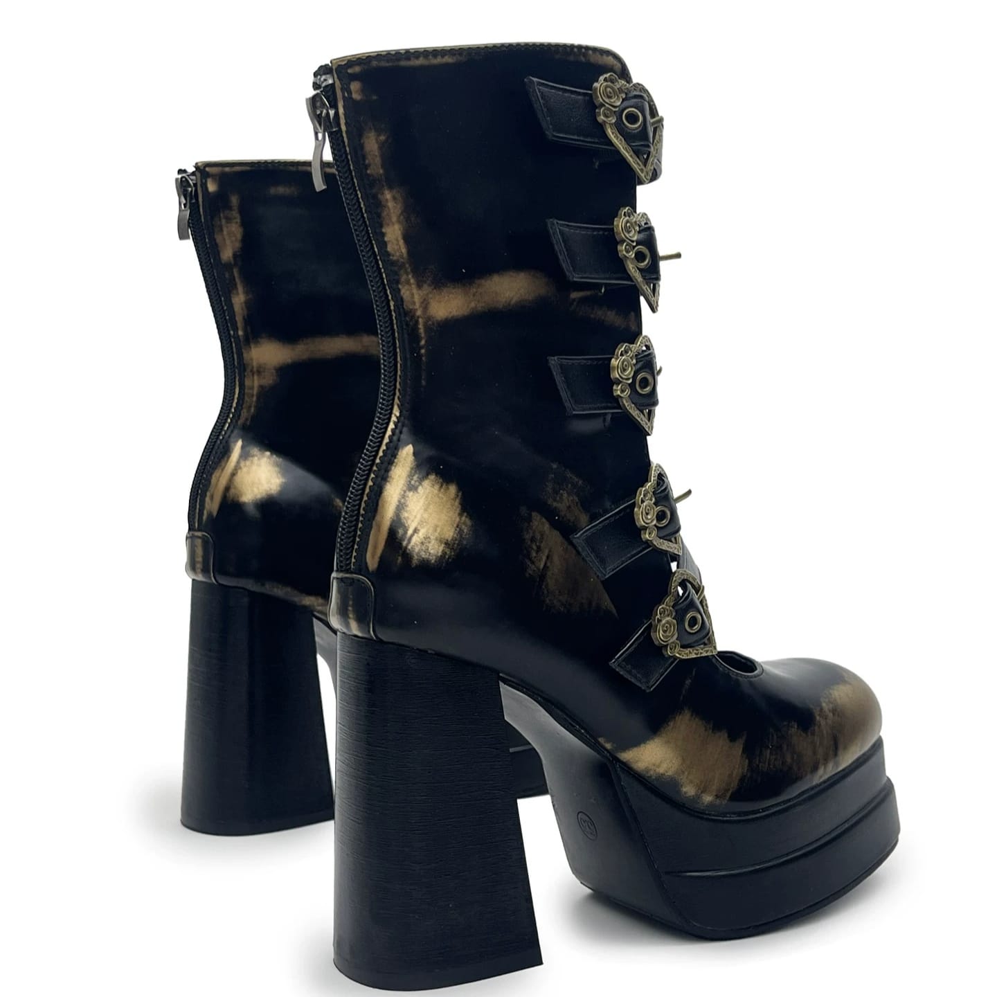 Kobine Women's Gothic Heart‑Shaped Buckle Multi‑Strap Cutout Platform Block Heel Boots