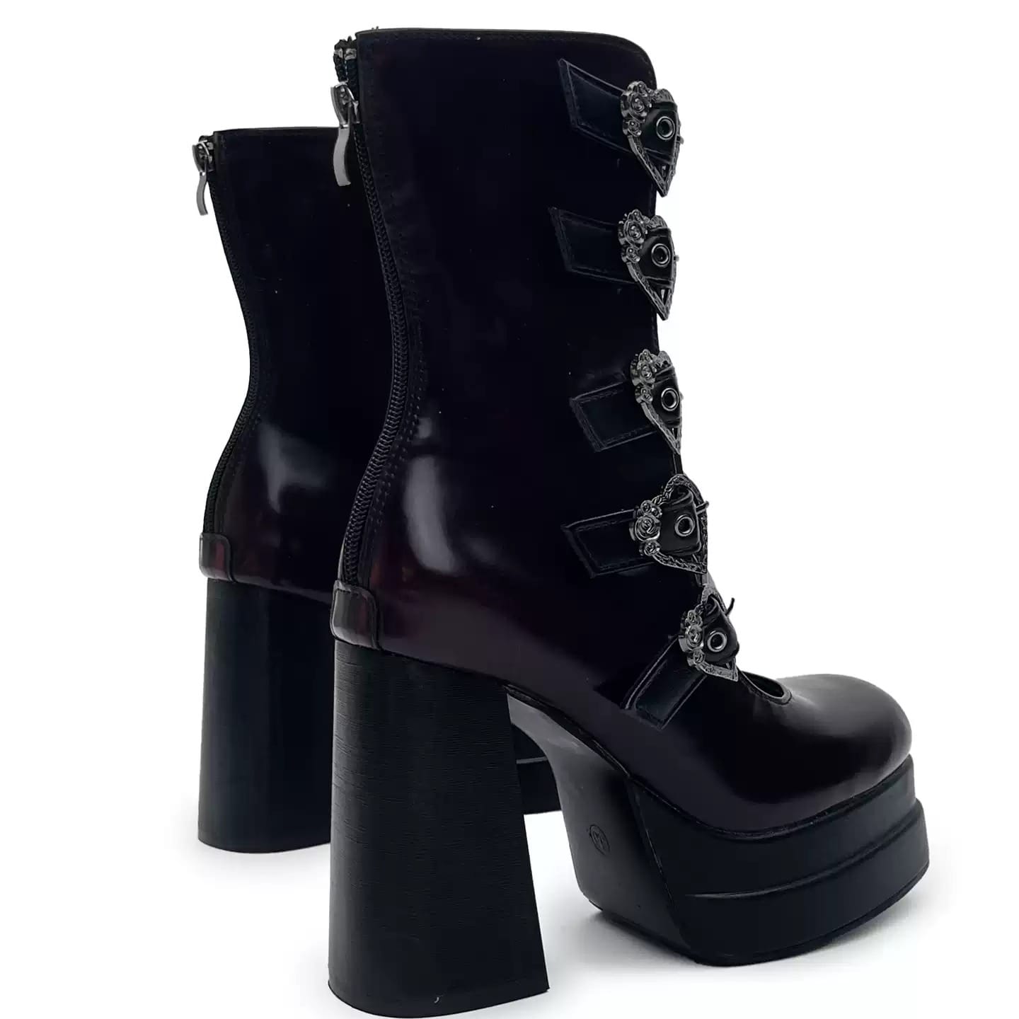 Kobine Women's Gothic Heart‑Shaped Buckle Multi‑Strap Cutout Platform Block Heel Boots