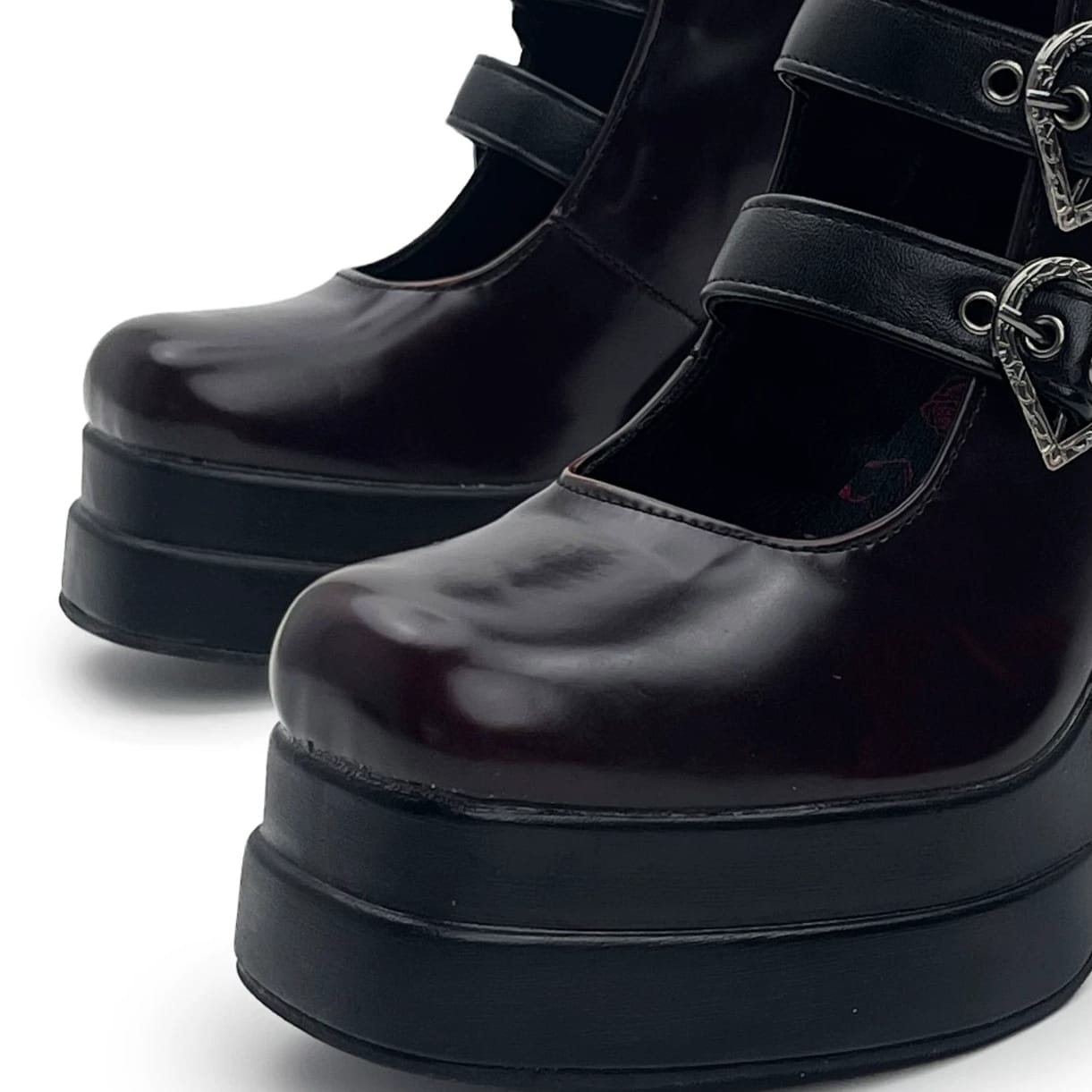 Kobine Women's Gothic Heart‑Shaped Buckle Multi‑Strap Cutout Platform Block Heel Boots
