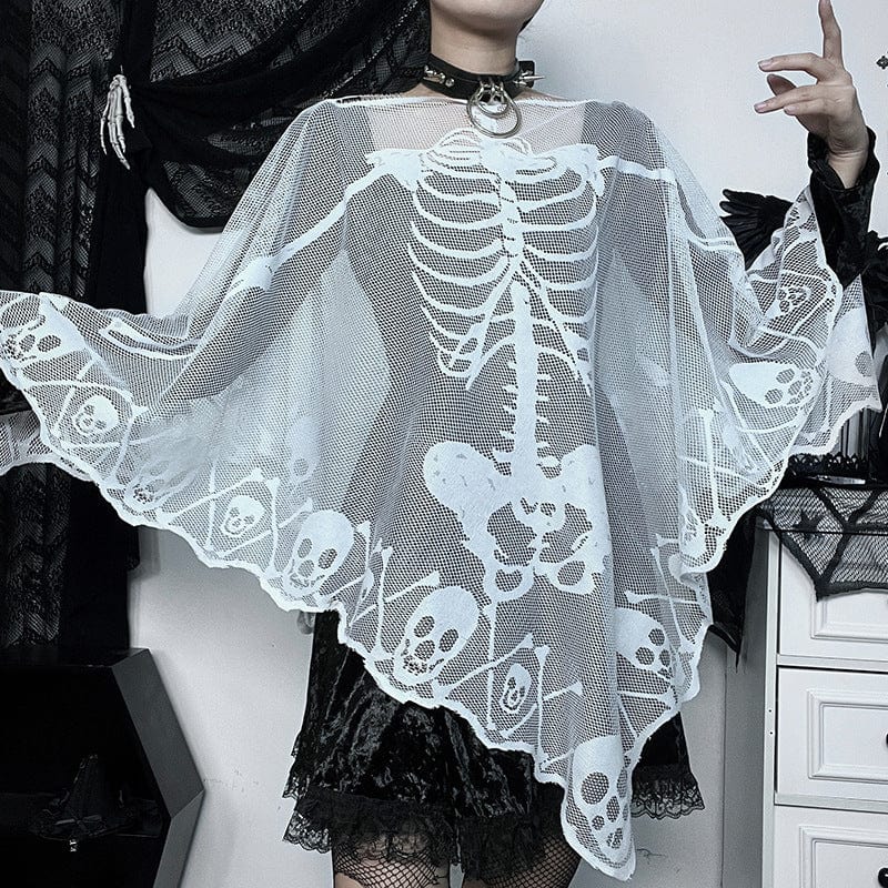 Kobine Women's Gothic Irregular Skull Printed Mesh Cape