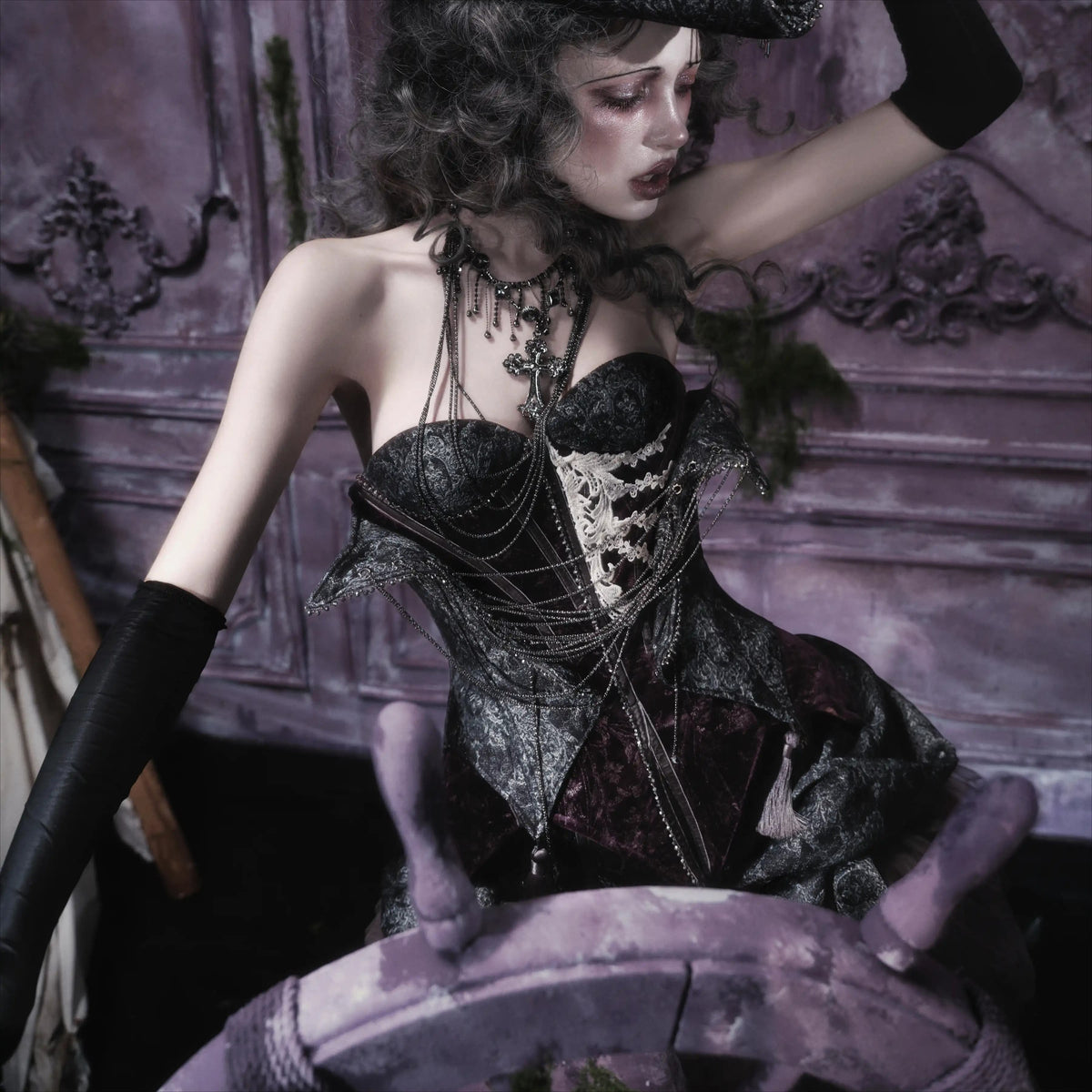 Women's Gothic Jacquard Chain Fringe Irregular Overbust Corset - Punk Design
