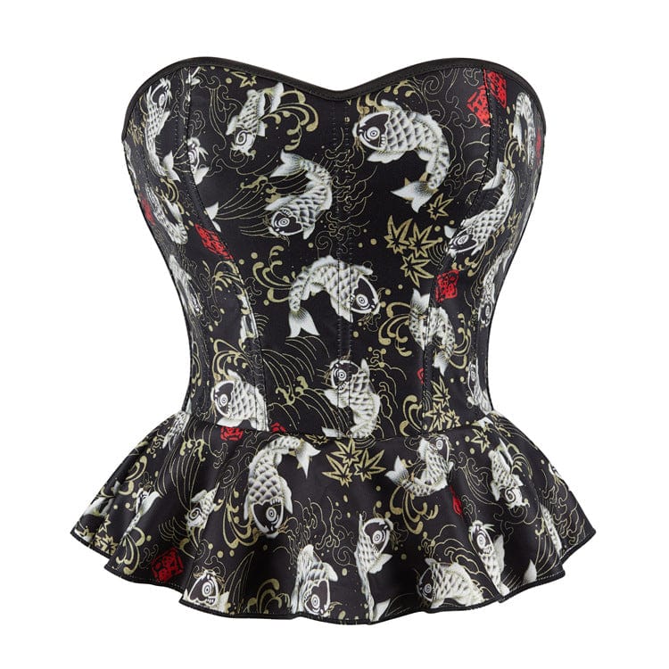 Kobine Women's Gothic Koi Fish Printed Ruffled Overbust Corset