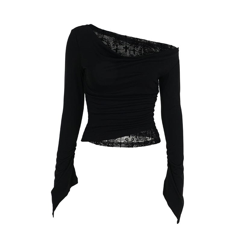 Kobine Women's Gothic Lace Slash Side Long Sleeved Crop Top