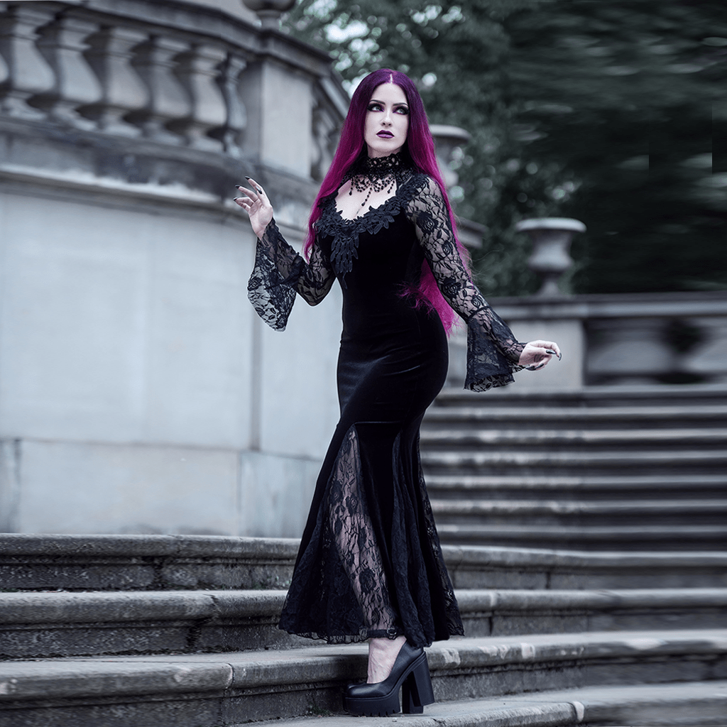 Kobine Women's Gothic Lace Splice Split Fishtail Dress