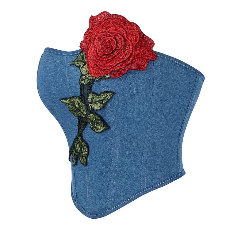 Kobine Women's Gothic Lace-up Embroidered Rose Overbust Corsets Blue