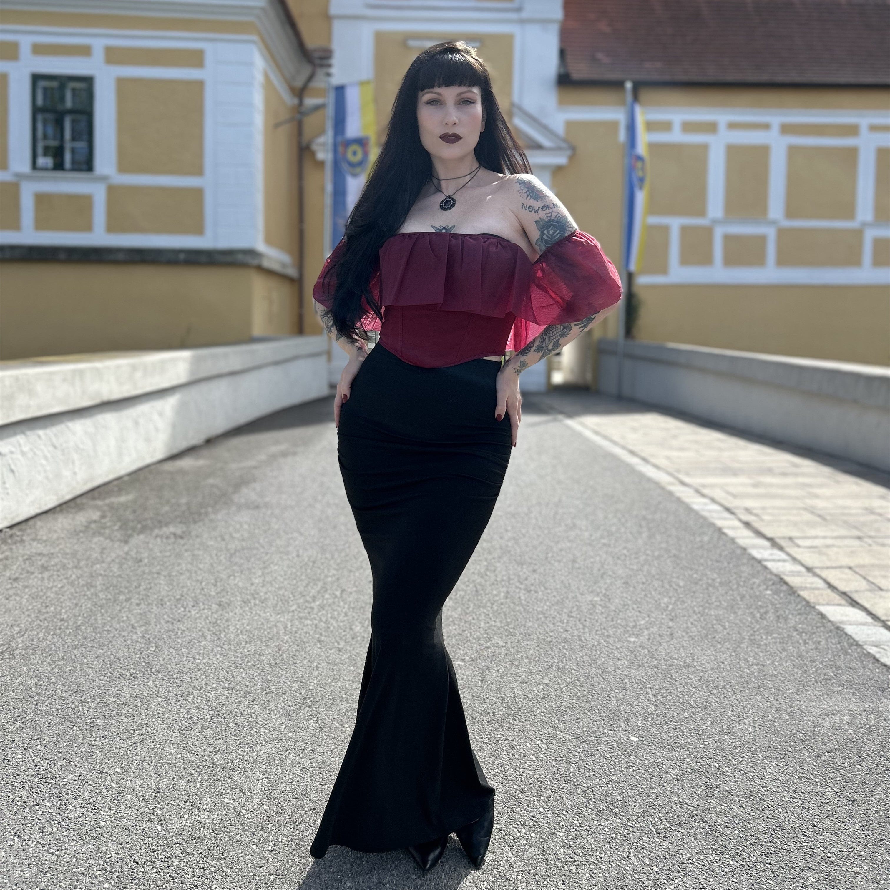 Kobine Women's Gothic Lace-up Mesh Overbust Busiter Red