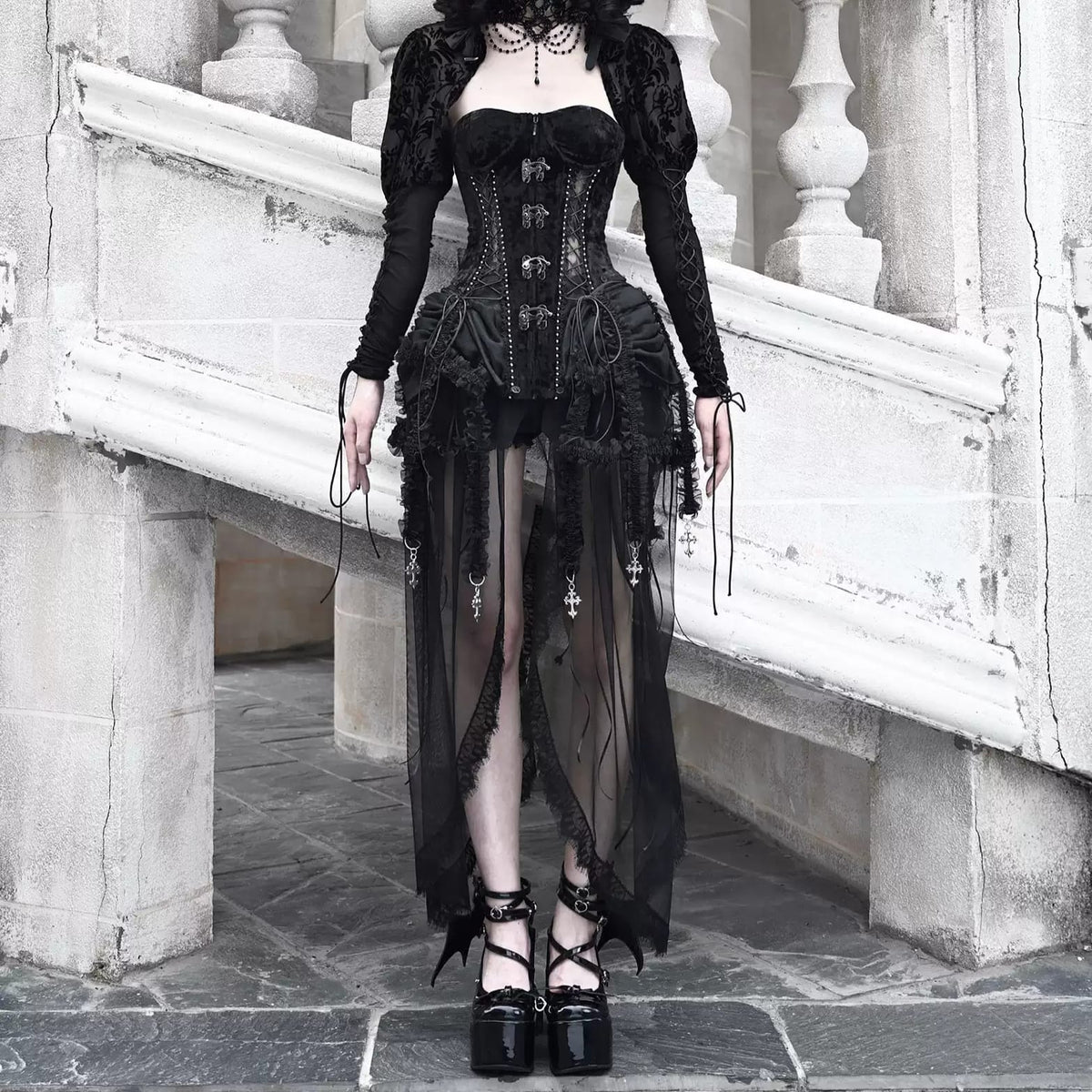Kobine Women's Gothic Lace-up Metal Buckle Mesh Panel Overbust Corset