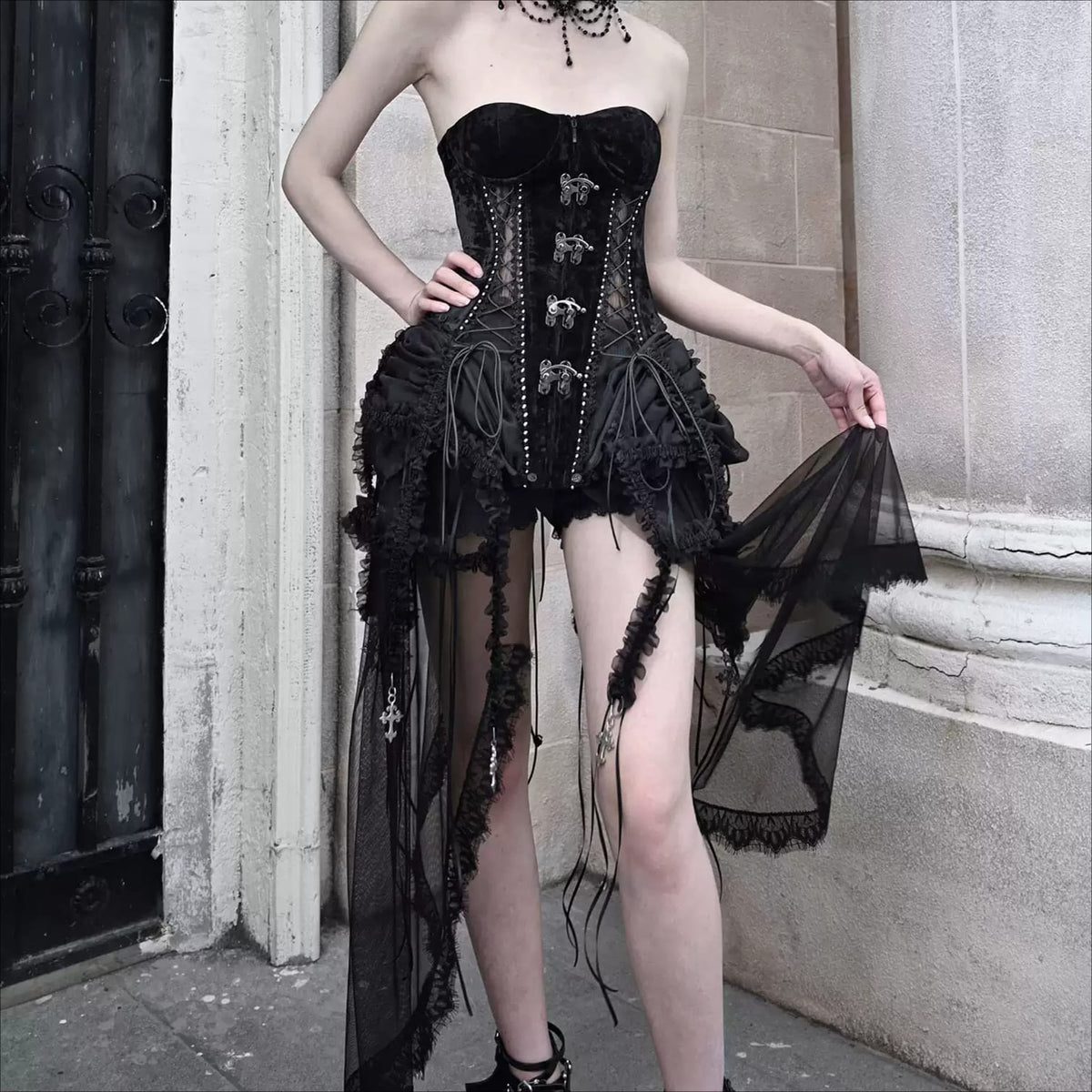 Kobine Women's Gothic Lace-up Metal Buckle Mesh Panel Overbust Corset