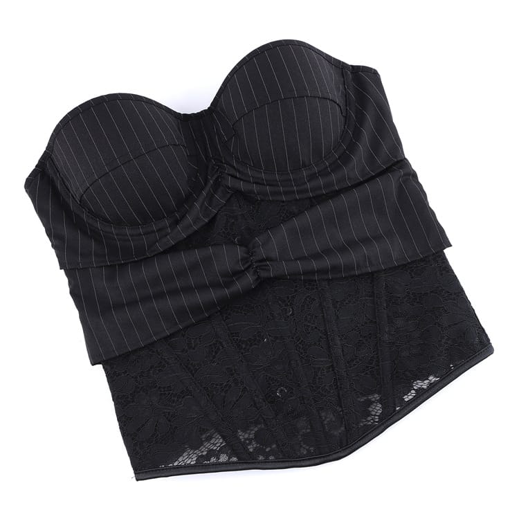 Kobine Women's Gothic Lace-up Pinstripe Floral Lace Overbust Corset