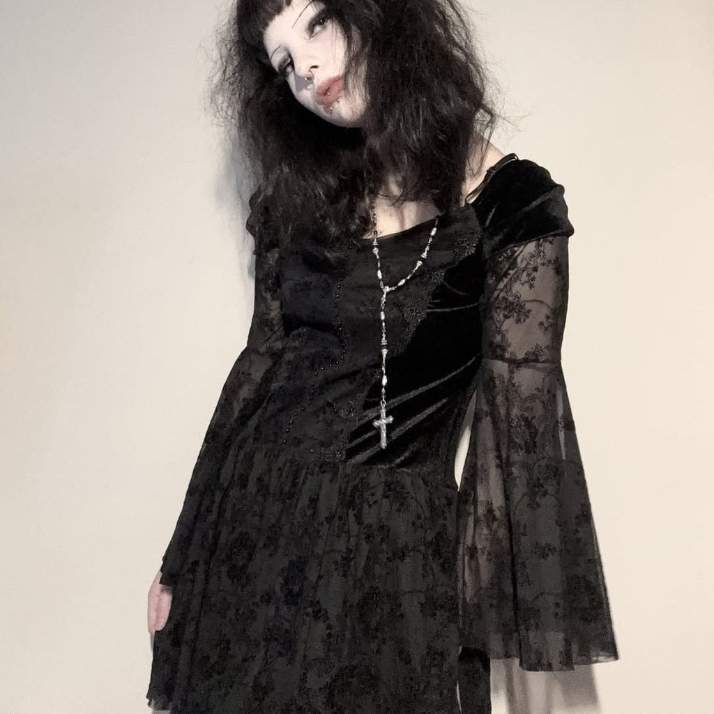 Kobine Women's Gothic Lace Velvet Off Shoulder Dress