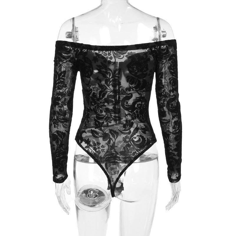 Kobine Women's Gothic Off Shoulder Flocking Lace Bodysuit