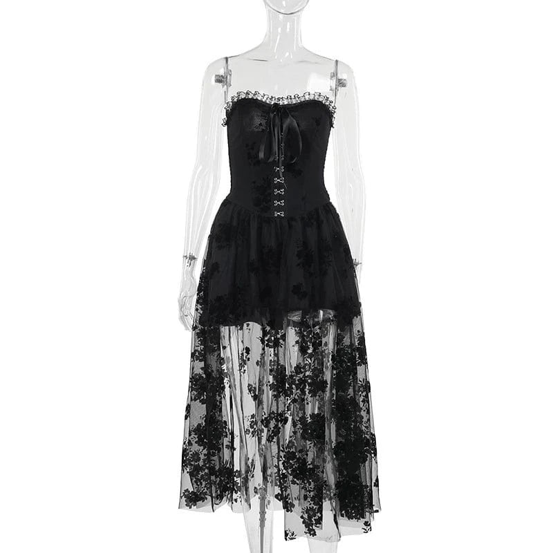 Kobine Women's Gothic Off-the-shoulder Floral Mesh Splice Party Dress