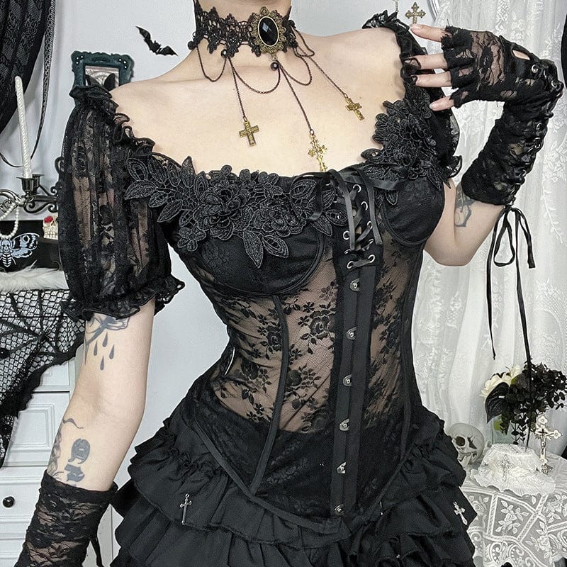 Kobine Women's Gothic Off-the-shoulder Lace-up Lace Top