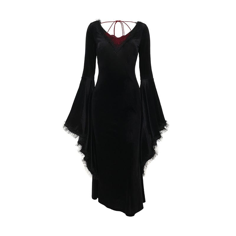 Kobine Women's Gothic Plunging Flared Sleeved Velvet Witch Dress