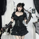 Kobine Women's Gothic Puff Sleeved Lace Hem Lace-up Shirt