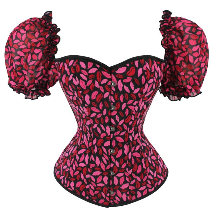Kobine Women's Gothic Puff Sleeved Lips Printed Overbust Corset