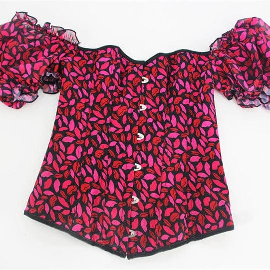 Kobine Women's Gothic Puff Sleeved Lips Printed Overbust Corset