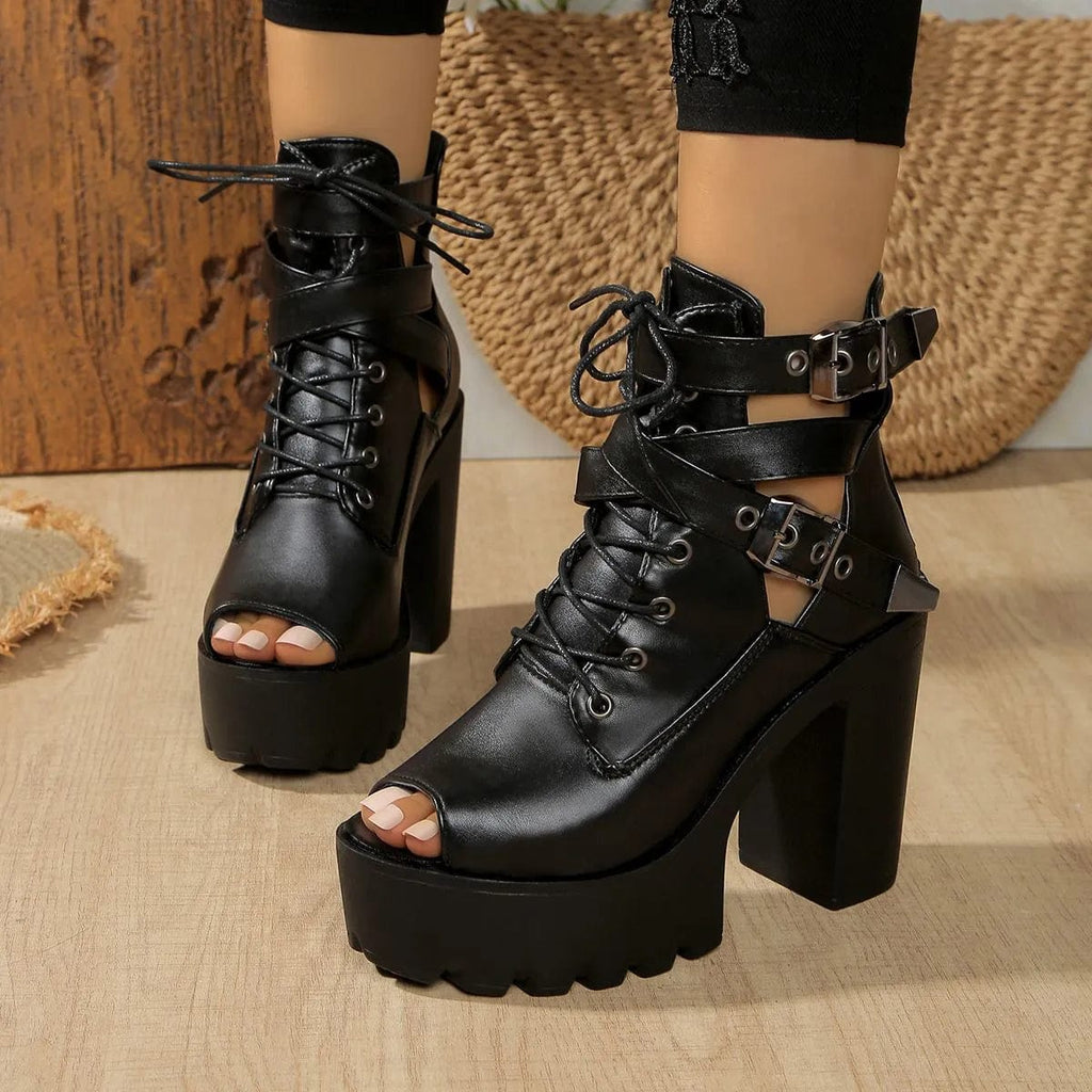 Kobine Women's Gothic Punk Lace-up Buckles Peep-toe Boots