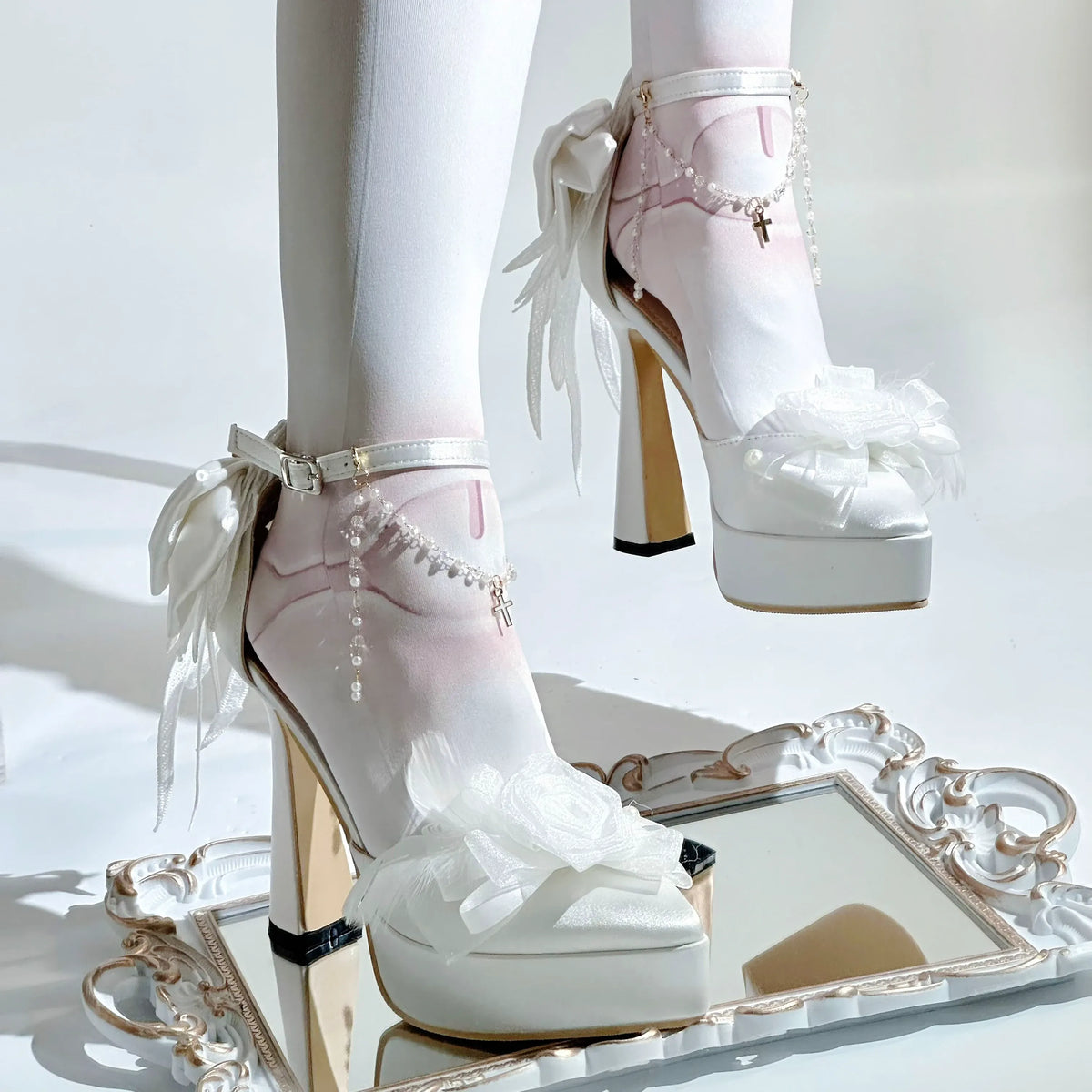 Kobine Women's Gothic Rose Bow Chain Platform High Heels