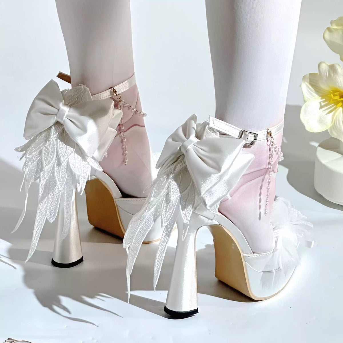 Kobine Women's Gothic Rose Bow Chain Platform High Heels