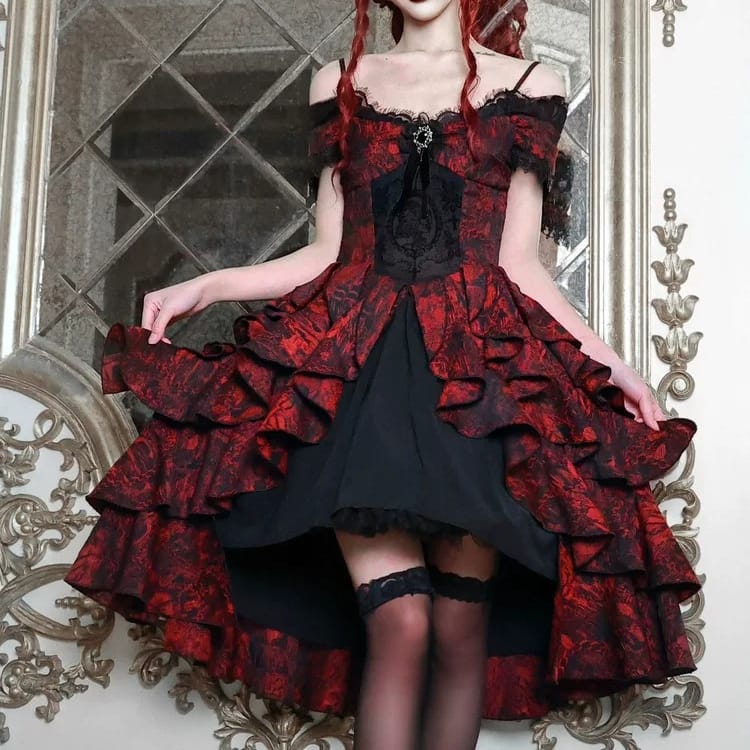 Women's Gothic Rose Jacquard High/Low Hem Off-the-shoulder Dress - Punk Design