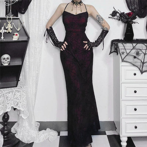 Kobine Women's Gothic Spider Web Lace-up Halloween Slip Dress