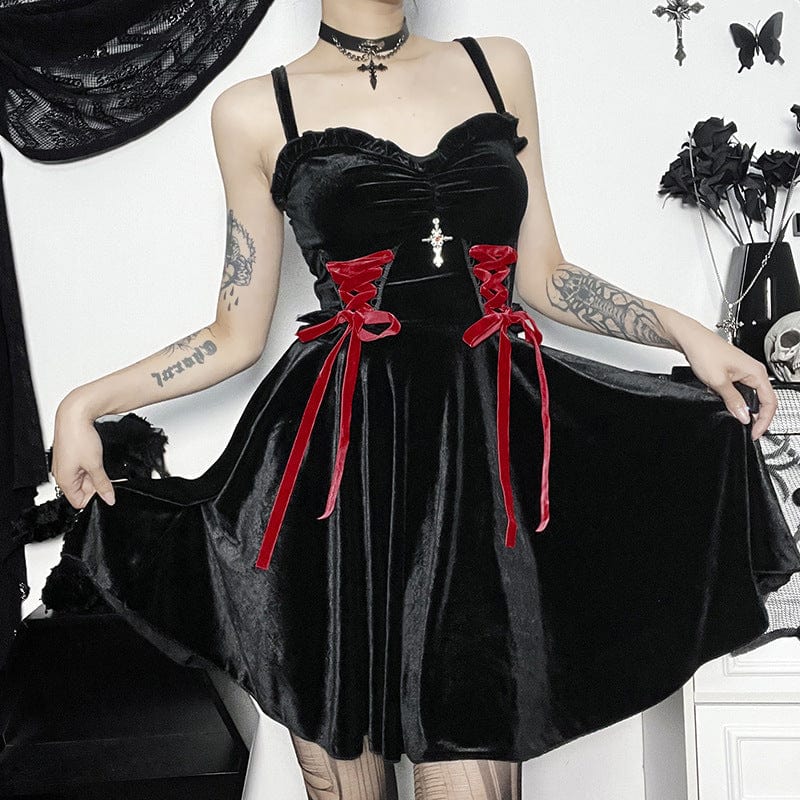 Kobine Women's Gothic Strappy Cross Velvet Slip Dress
