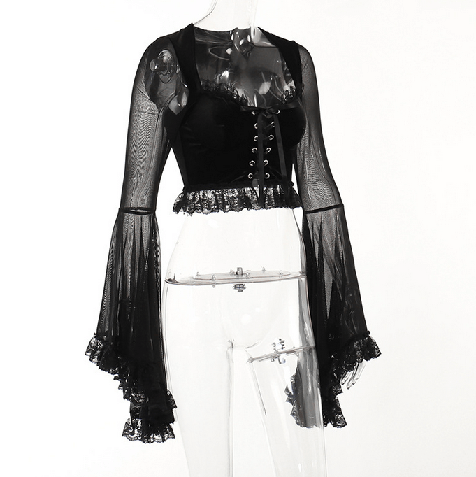 Kobine Women's Gothic Strappy Flared Sleeved Lace Shirt