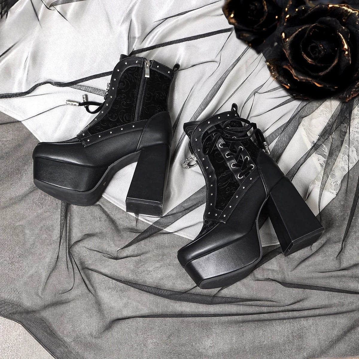 Kobine Women's Gothic Studded Lace-up Zipper Platform Ankle Boots