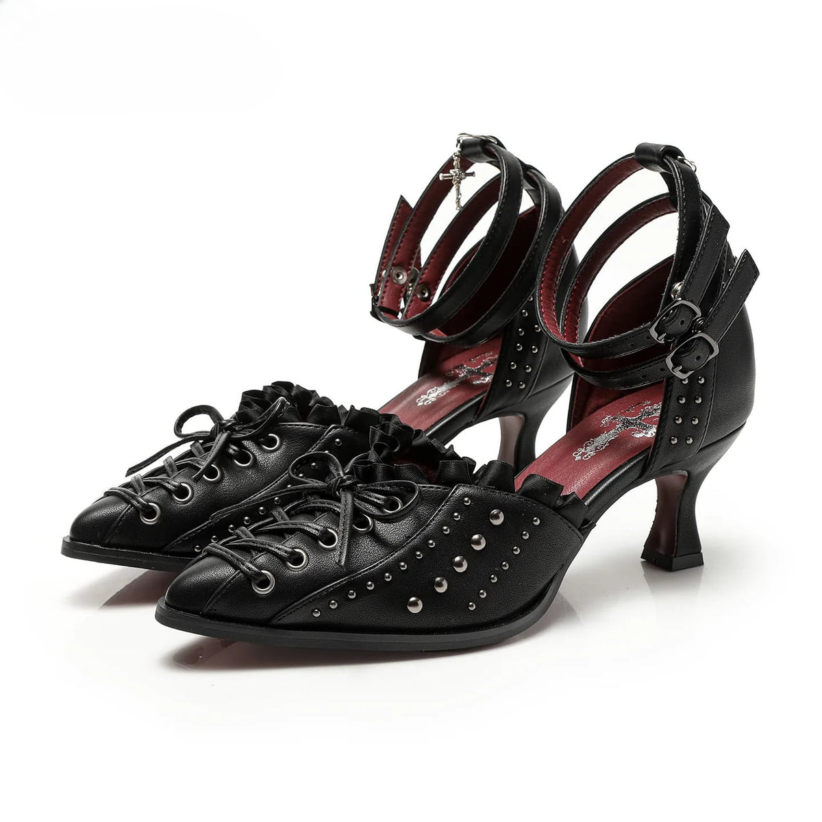 Kobine Women's Gothic Studded Ruffle Lace-up Ankle Strap Stilettos