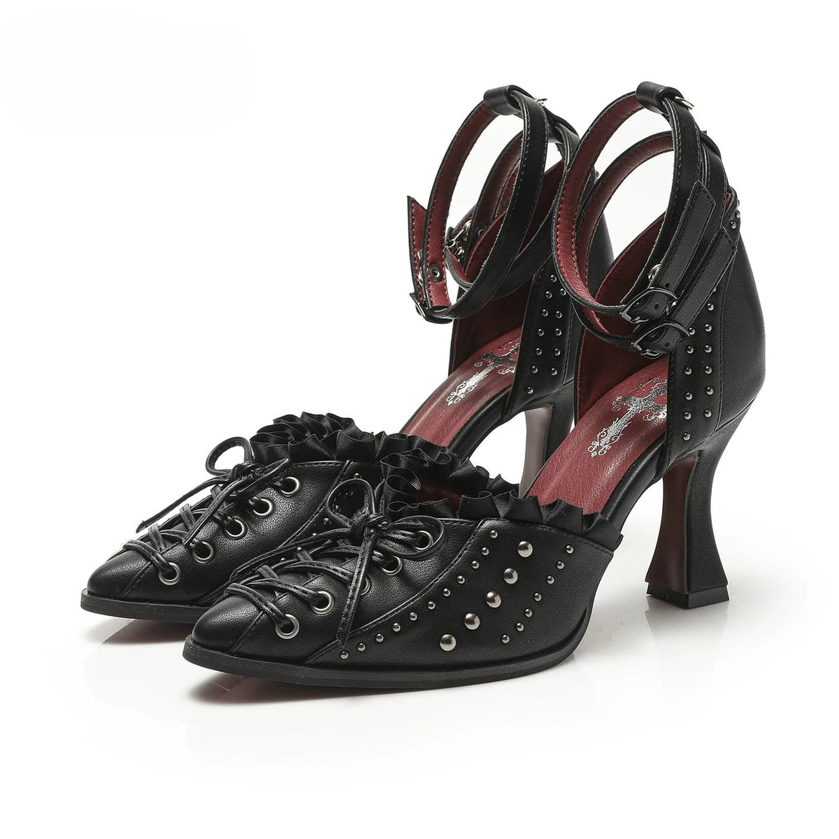Kobine Women's Gothic Studded Ruffle Lace-up Ankle Strap Stilettos