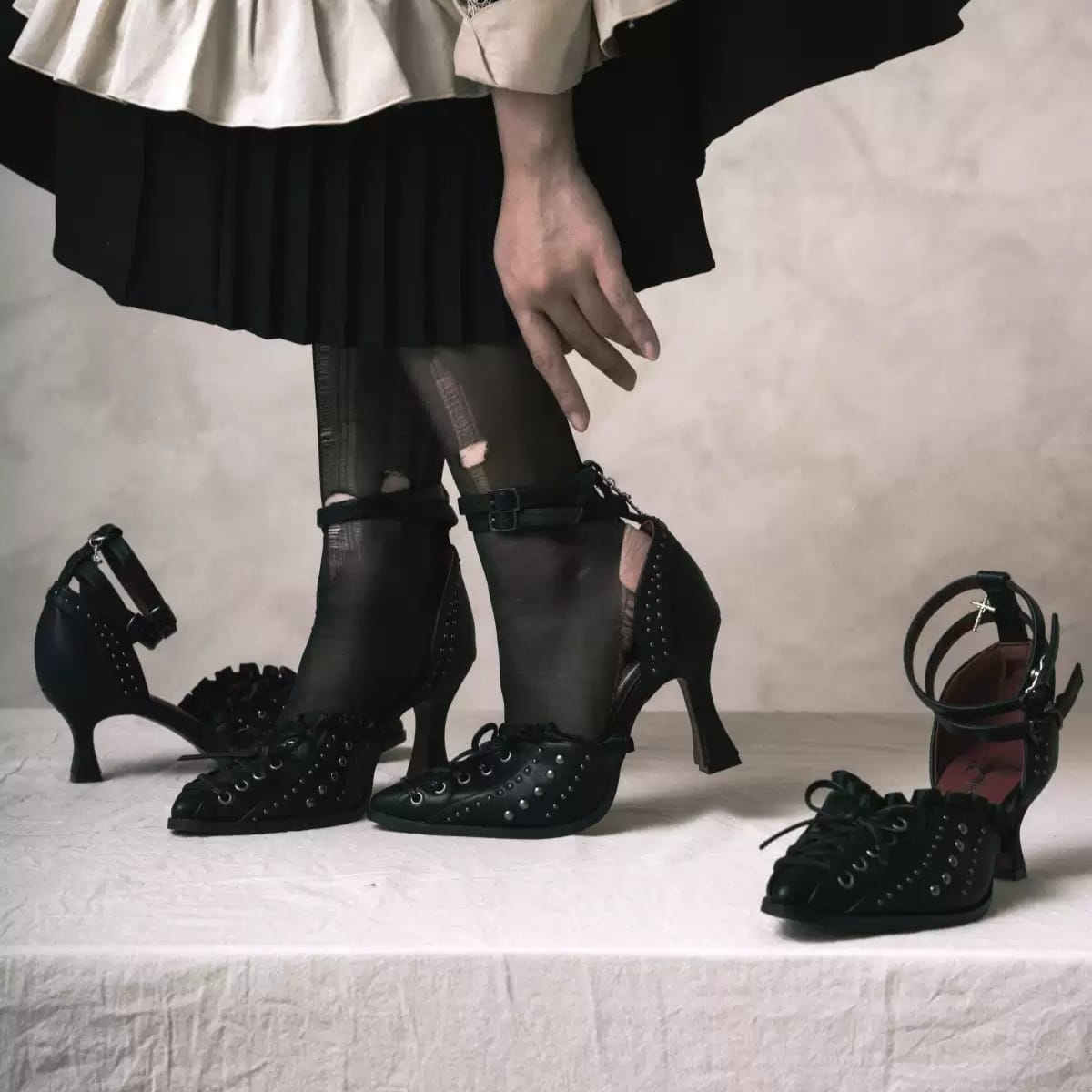 Kobine Women's Gothic Studded Ruffle Lace-up Ankle Strap Stilettos