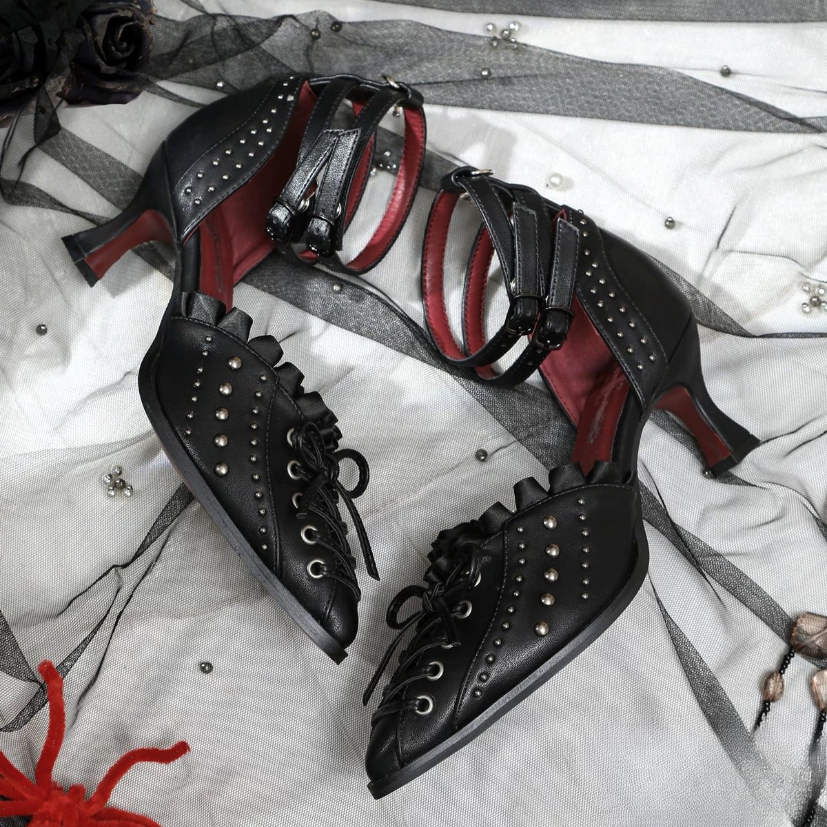 Kobine Women's Gothic Studded Ruffle Lace-up Ankle Strap Stilettos