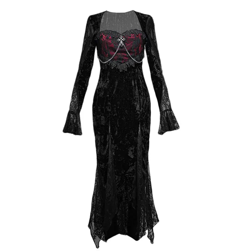 Women's Gothic Velvet Cross Chain Flare Sleeve  Mermaid Maxi Dress - Punk Design