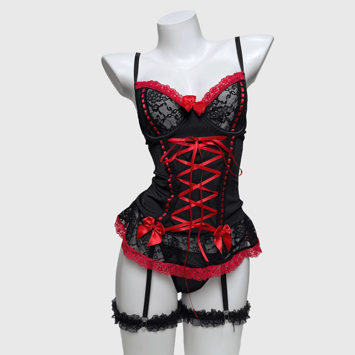 Kobine Women's Grunge Bowknot Lace-up Sexy Lingerie Set with Garter