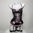 Kobine Women's Grunge Bowknot Lace-up Sexy Lingerie Set with Garter