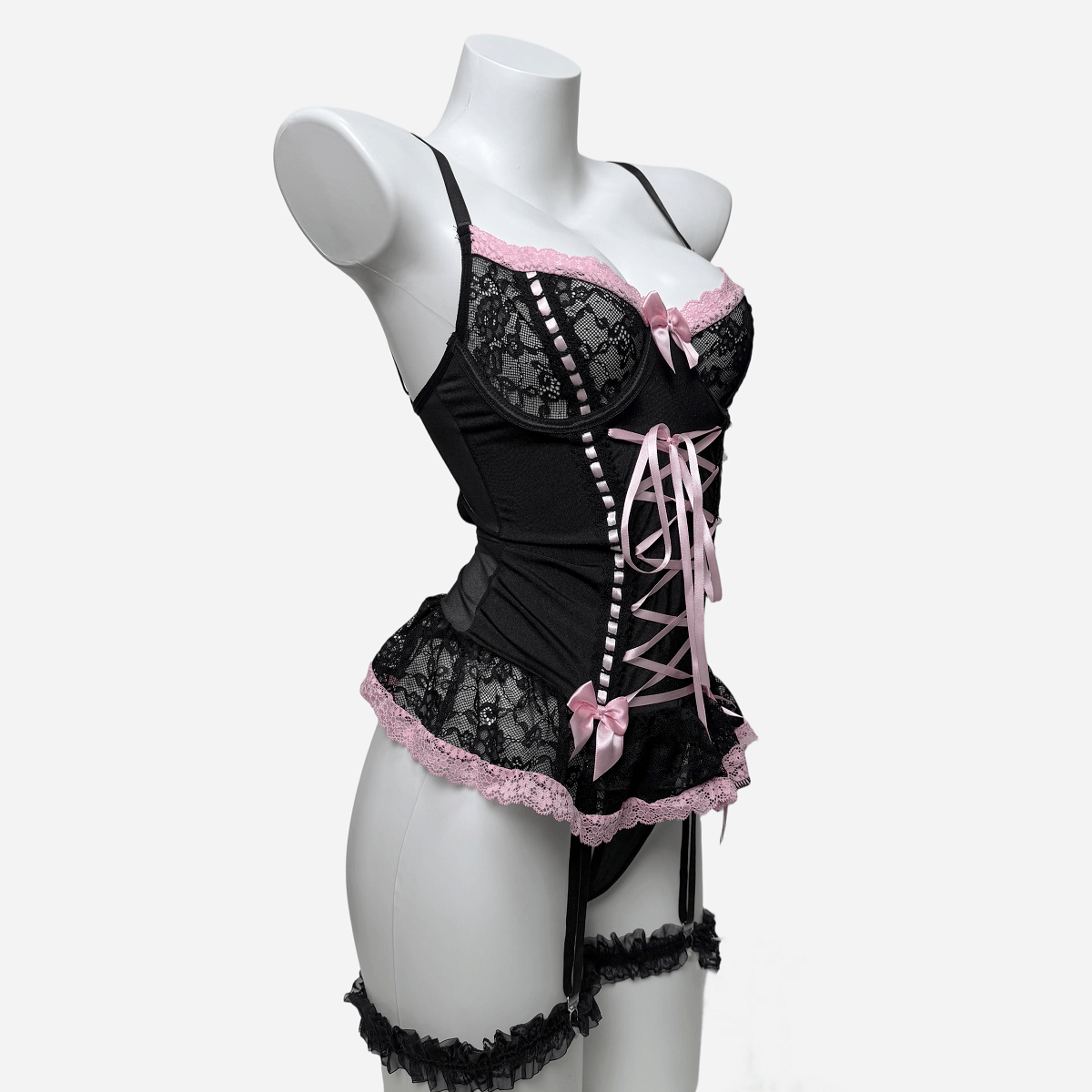Kobine Women's Grunge Bowknot Lace-up Sexy Lingerie Set with Garter