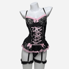 Kobine Women's Grunge Bowknot Lace-up Sexy Lingerie Set with Garter