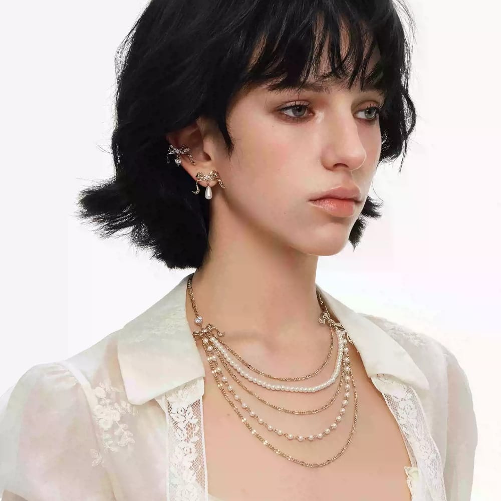 Kobine Women's Grunge Bowknot Pearl Layered Necklace