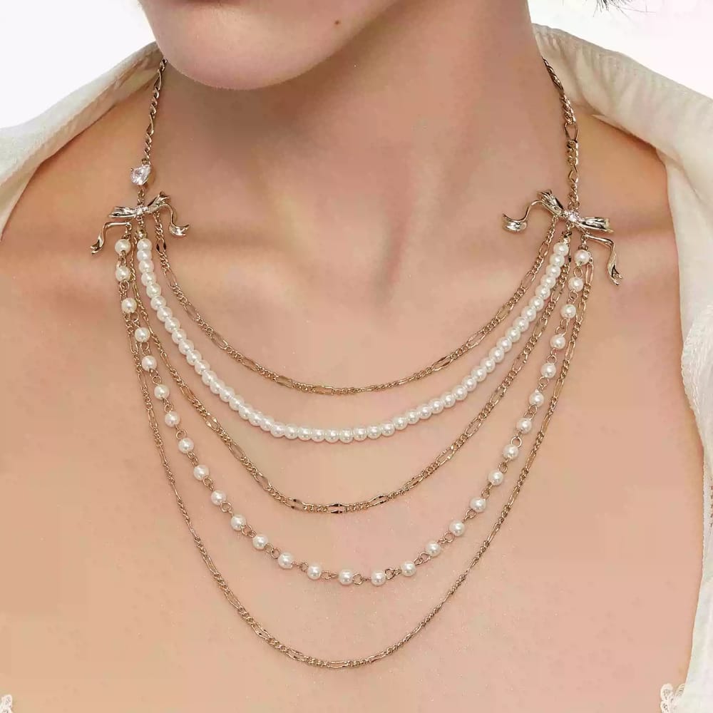 Kobine Women's Grunge Bowknot Pearl Layered Necklace